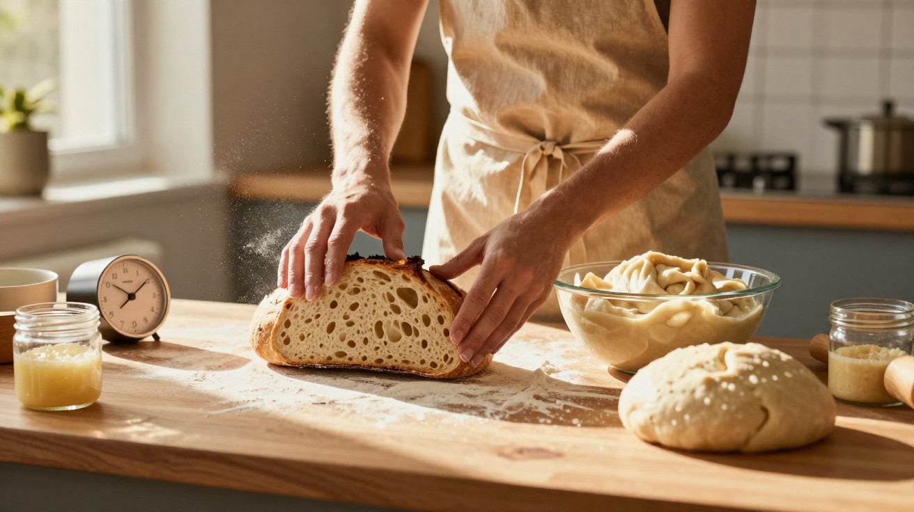 Pessoa a cortar pão caseiro numa mesa de madeira em cozinha iluminada a luz natural.