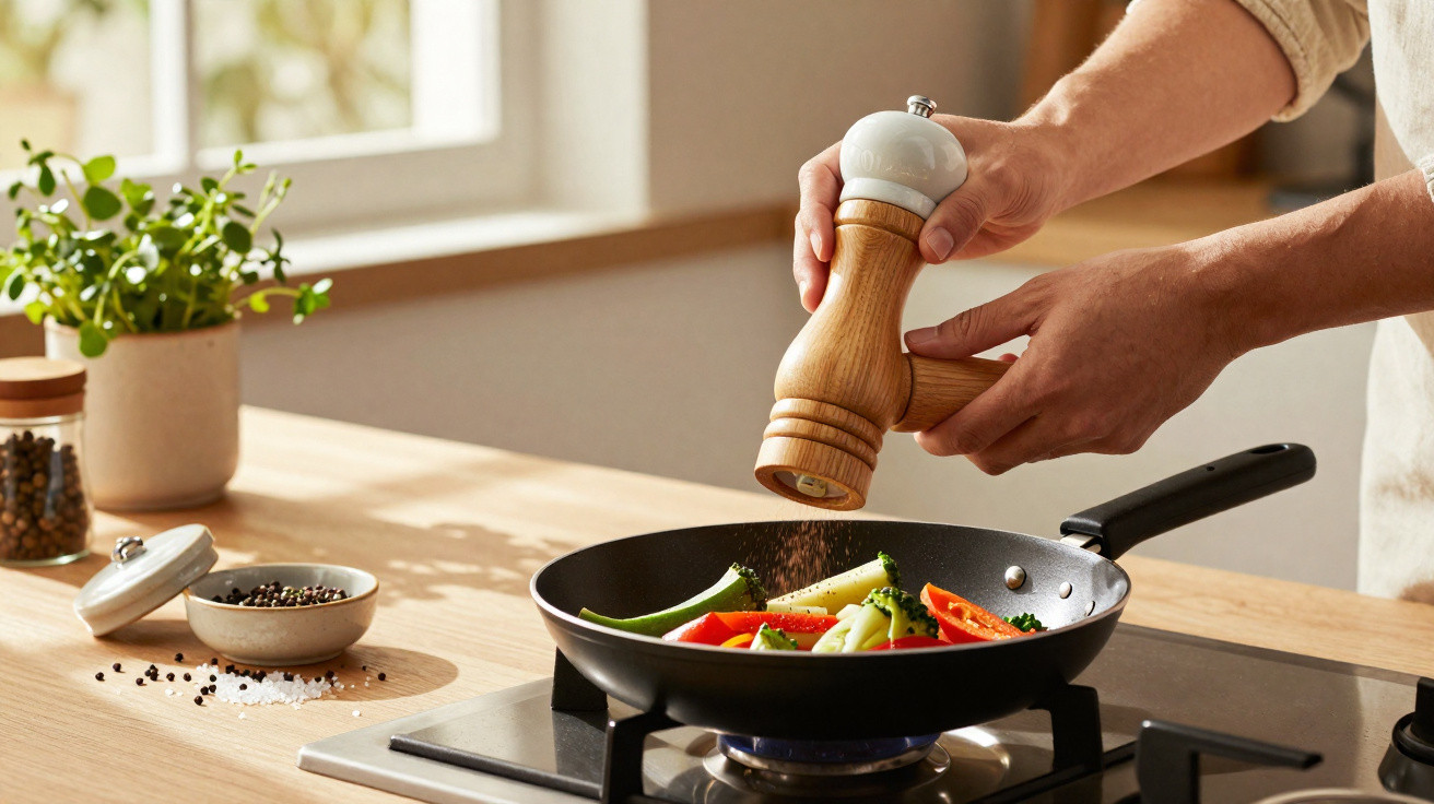 Pessoa a temperar legumes numa frigideira com moinho de pimenta numa cozinha iluminada.