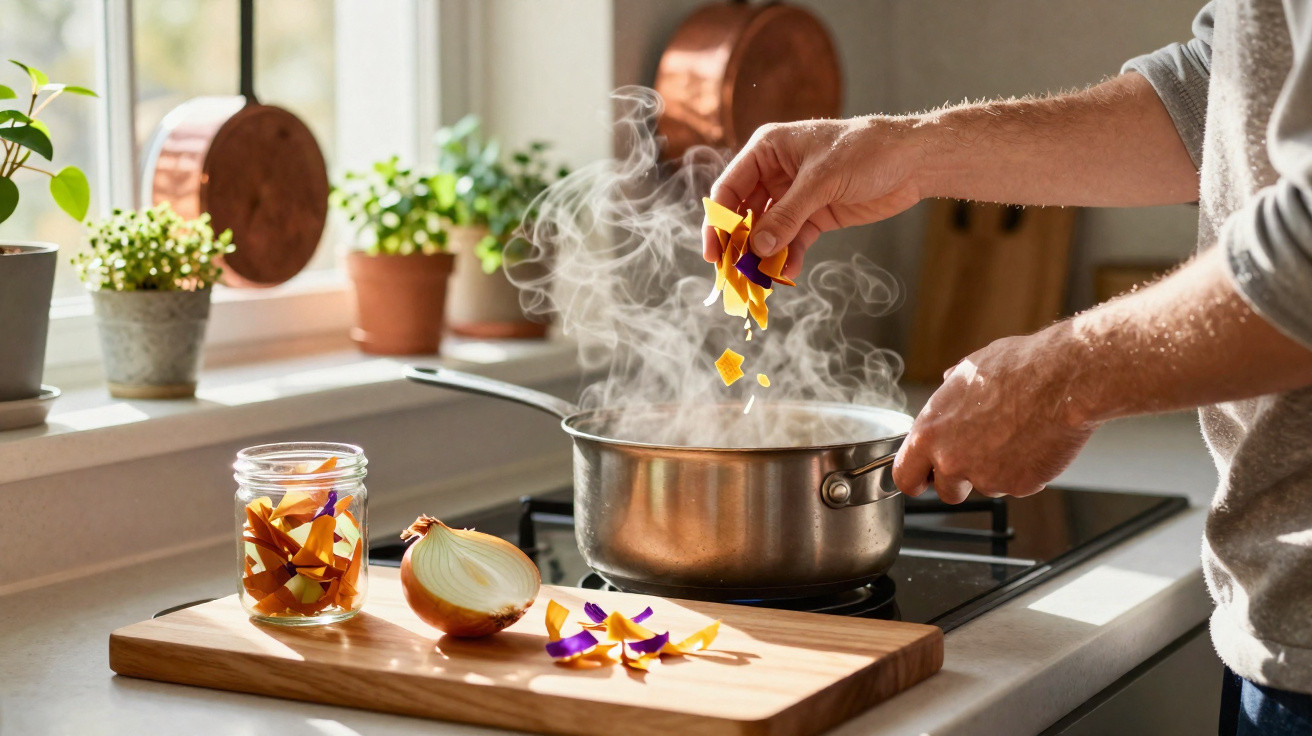 Pessoa a temperar sopa com legumes numa cozinha iluminada, com vapores a subir da panela.