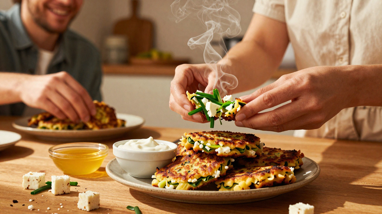 Mãos seguram panquecas de legumes quentes com queijo e ervas, servidas numa mesa com molhos e queijo.