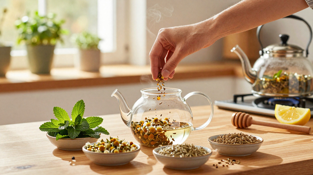 Mão a colocar flores secas numa chávena de chá transparentes, rodeada por ervas e limão, num ambiente de cozinha.