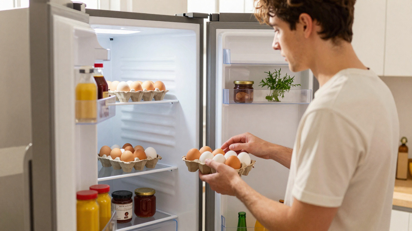 Homem a guardar ovos no frigorífico aberto numa cozinha moderna.