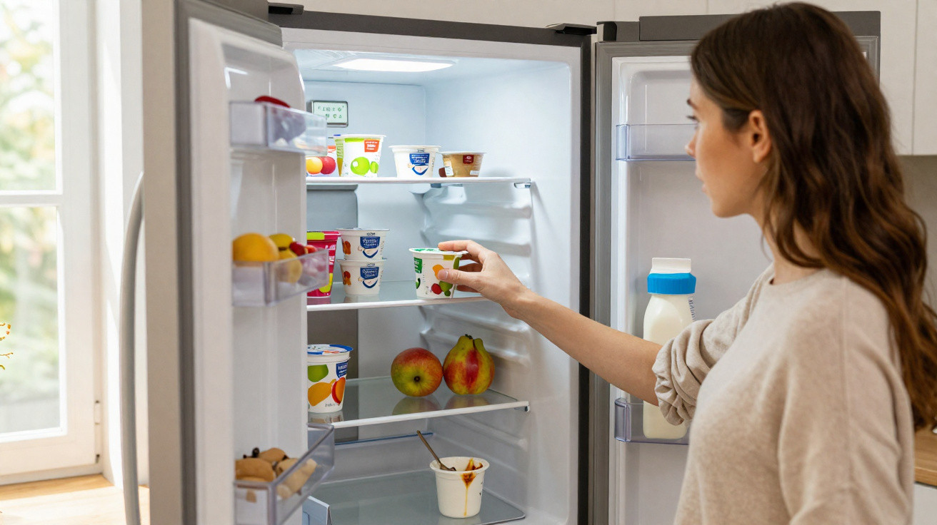 Mulher a pegar um iogurte no frigorífico aberto numa cozinha luminosa.