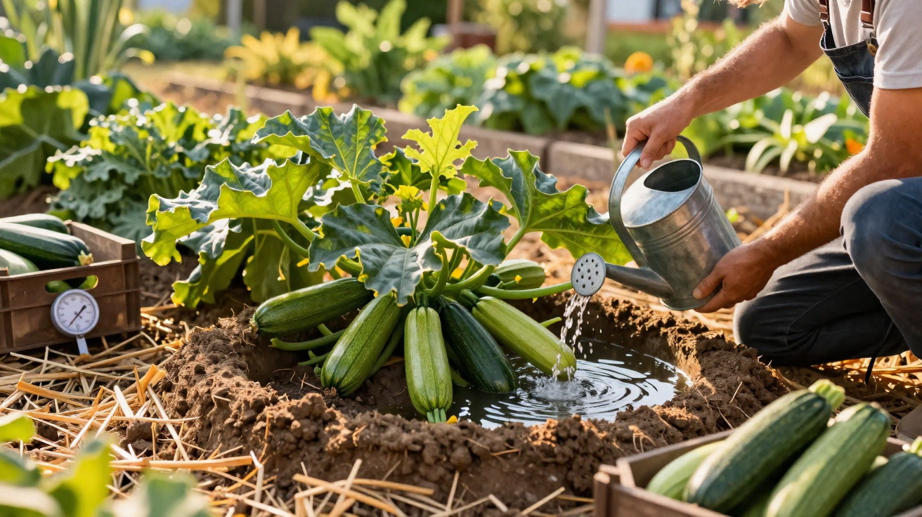 Mãos a regar plantas de abobrinha num jardim com caixa de abobrinhas colhidas ao lado.