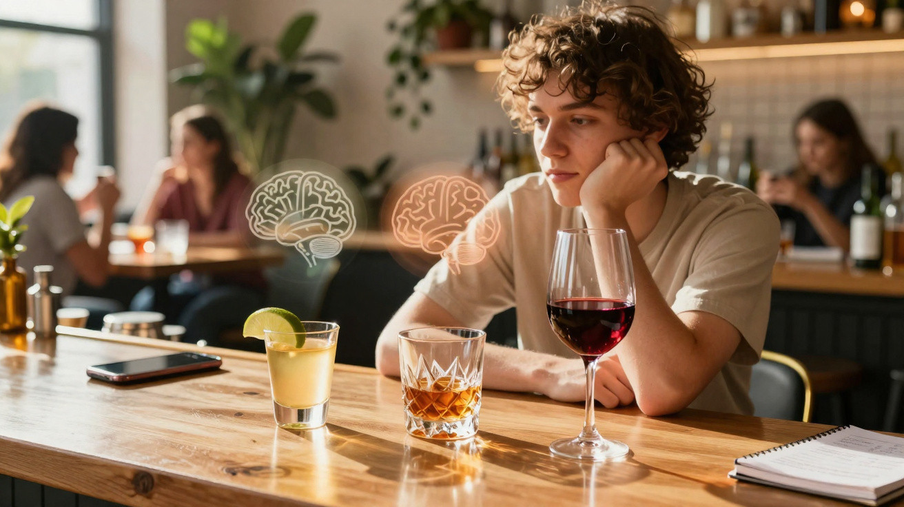 Jovem sentado num bar a olhar para três copos com diferentes bebidas alcoólicas, simbolizando o efeito no cérebro.