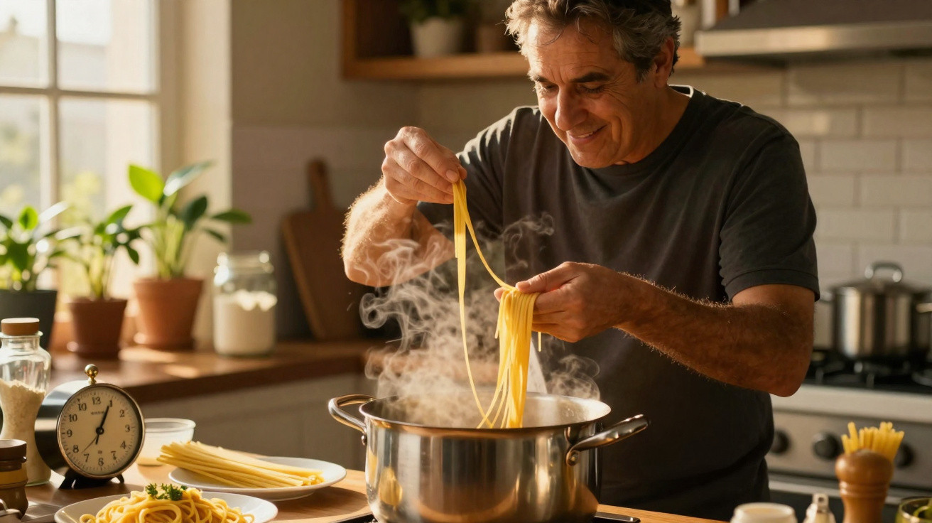 Homem cozinha esparguete numa panela com vapor numa cozinha iluminada e decorada com plantas.