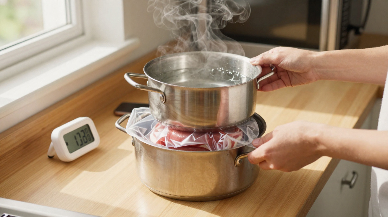 Mãos seguram tachos metálicos com água a ferver, preparando comida com saco de cozedura a vapor na cozinha.