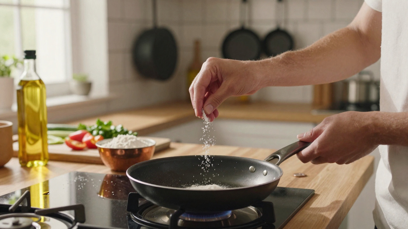 Pessoa a salpicar sal numa frigideira sobre fogão a gás numa cozinha moderna.