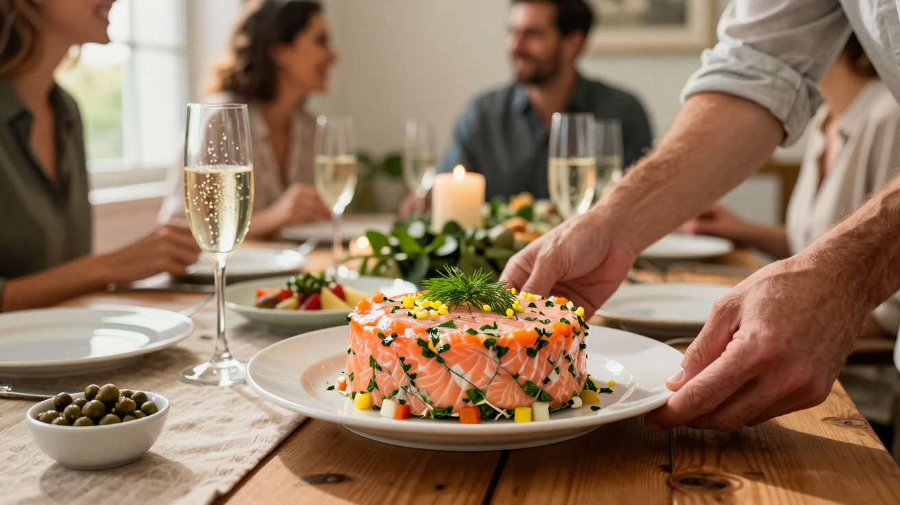 Prato com prato decorado com salmão e legumes servido numa mesa onde pessoas conversam e champanhe é bebido.