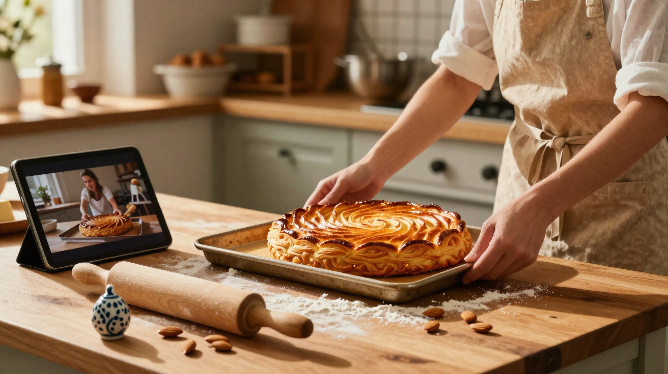 Pessoa a retirar do forno uma tarte caseira em cozinha com tablet a mostrar receita de pastelaria.