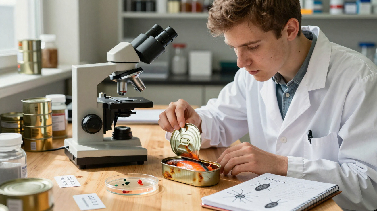 Jovem cientista em laboratório a investigar sardinhas enlatadas junto a microscópio e caderno de anotações.