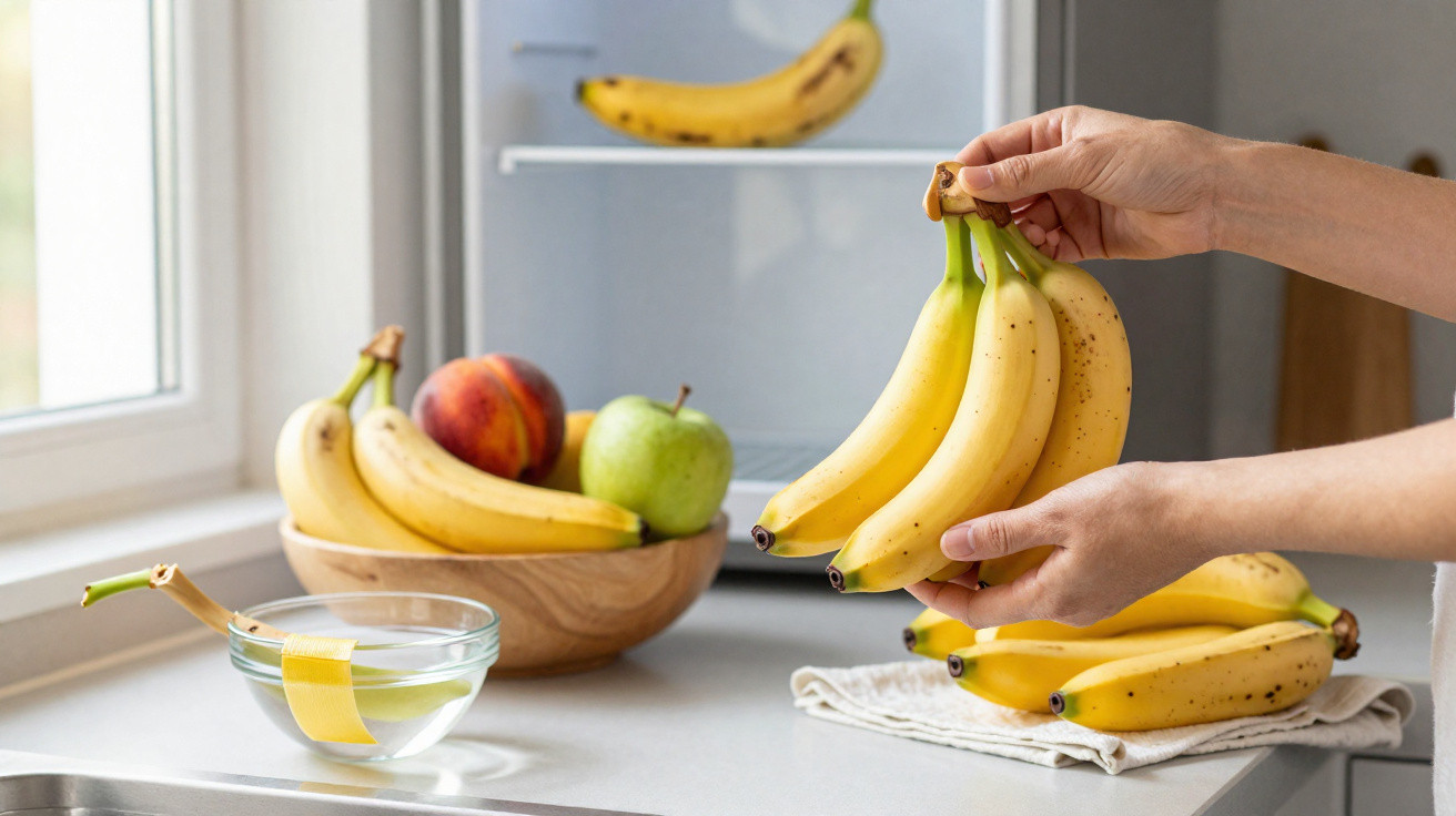 Mãos a segurar cachos de bananas amarelas na cozinha junto a frutas numa fruteira e tábua.