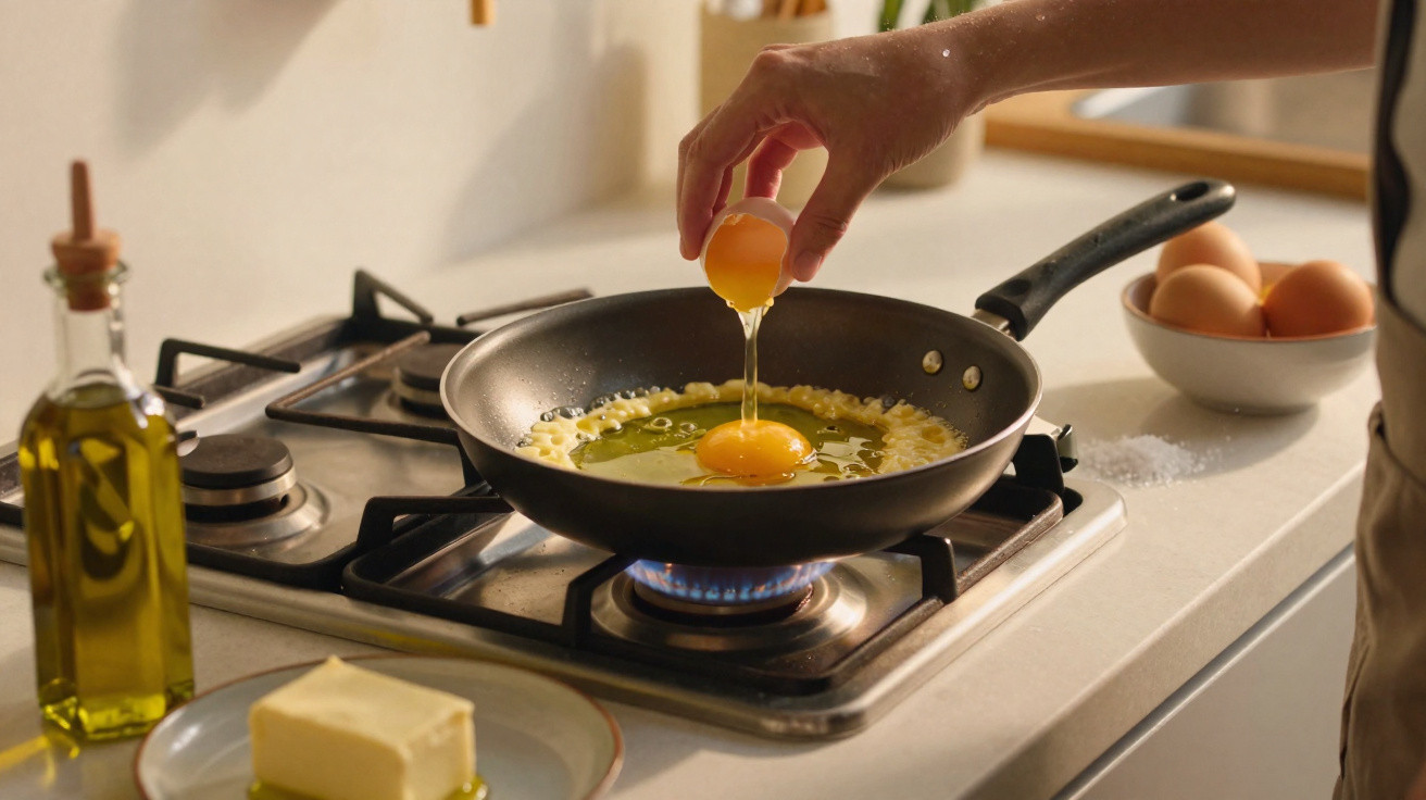 Mão a partir um ovo para frigideira com óleo a aquecer em fogão a gás numa cozinha moderna.