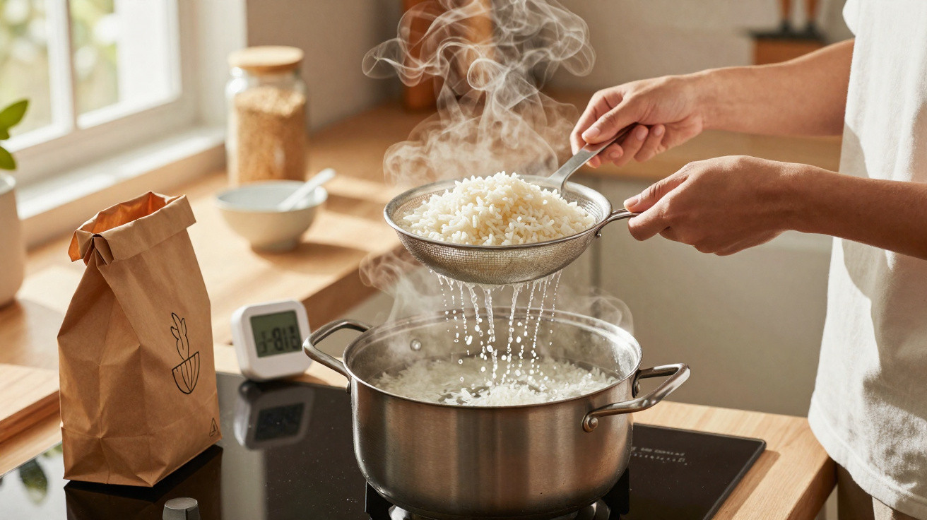 Mãos a escorrer arroz cozinhado num coador sobre uma panela a ferver numa placa de cozinha.