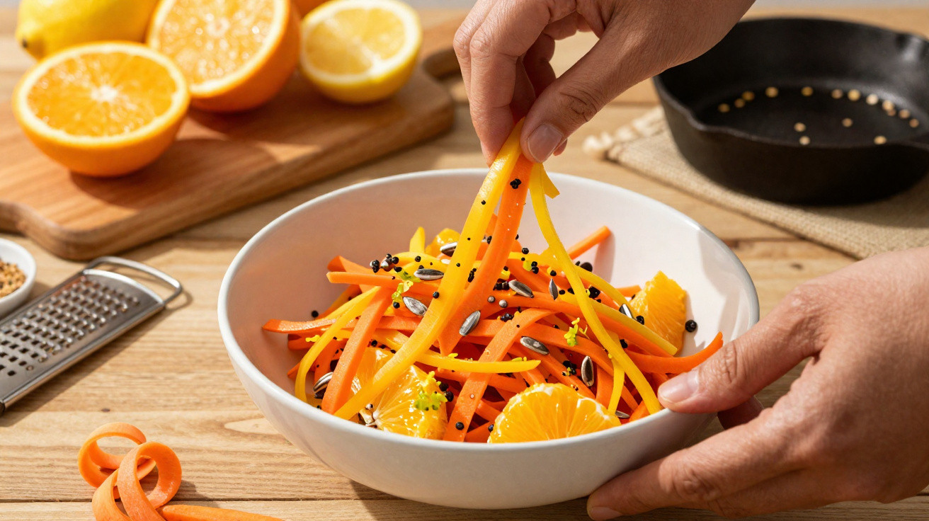 Salada colorida com cenoura, pimentos amarelos, sementes e laranjas em taça branca, mãos a servir.