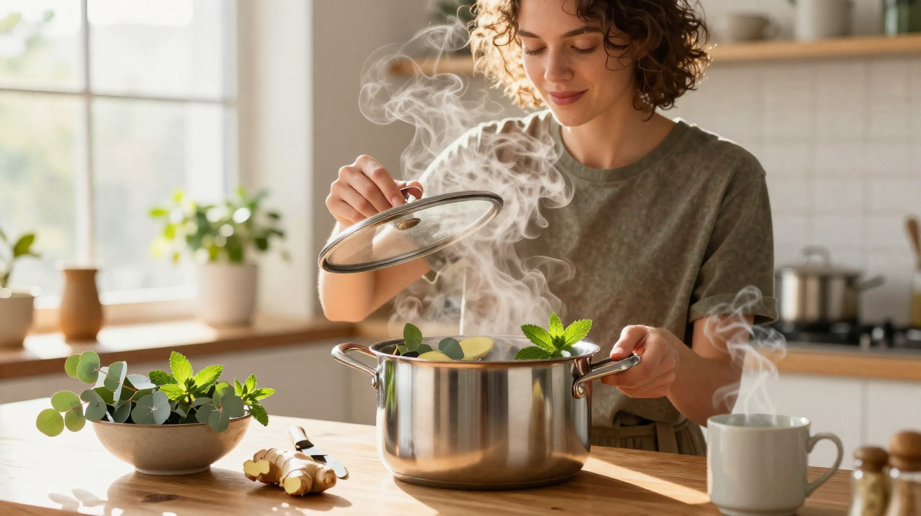 Mulher a levantar tampa de panela com vapor e ervas frescas numa cozinha luminosa.