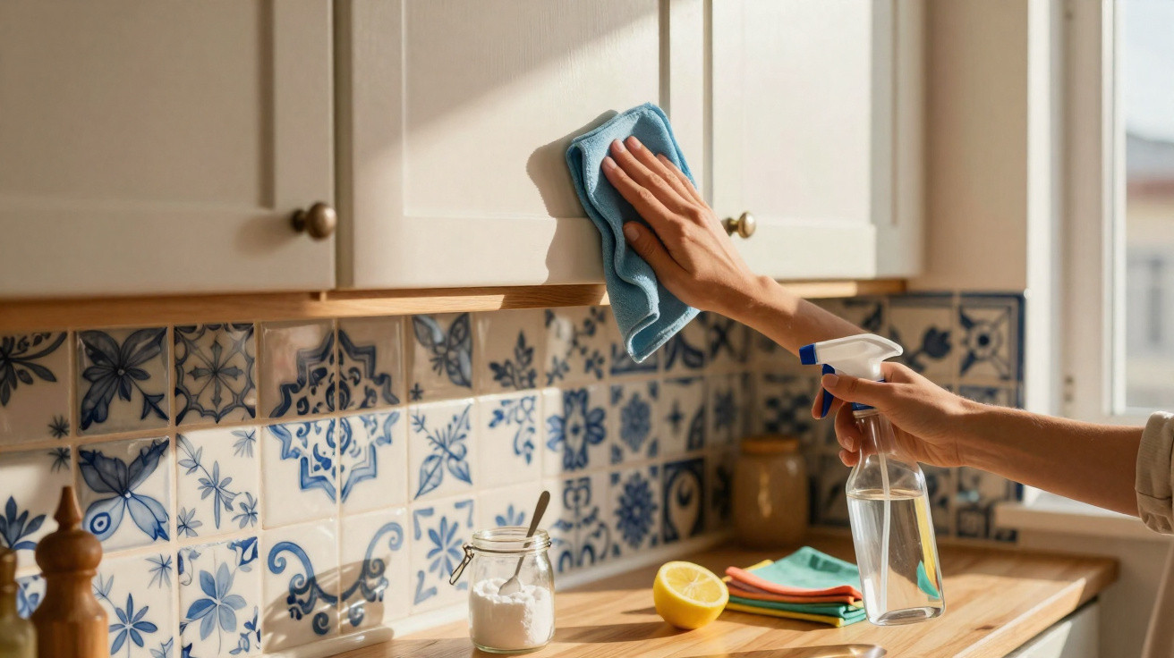 Mãos a limpar armário de cozinha branco com pano azul e borrifador, azulejos tradicionais azuis ao fundo.