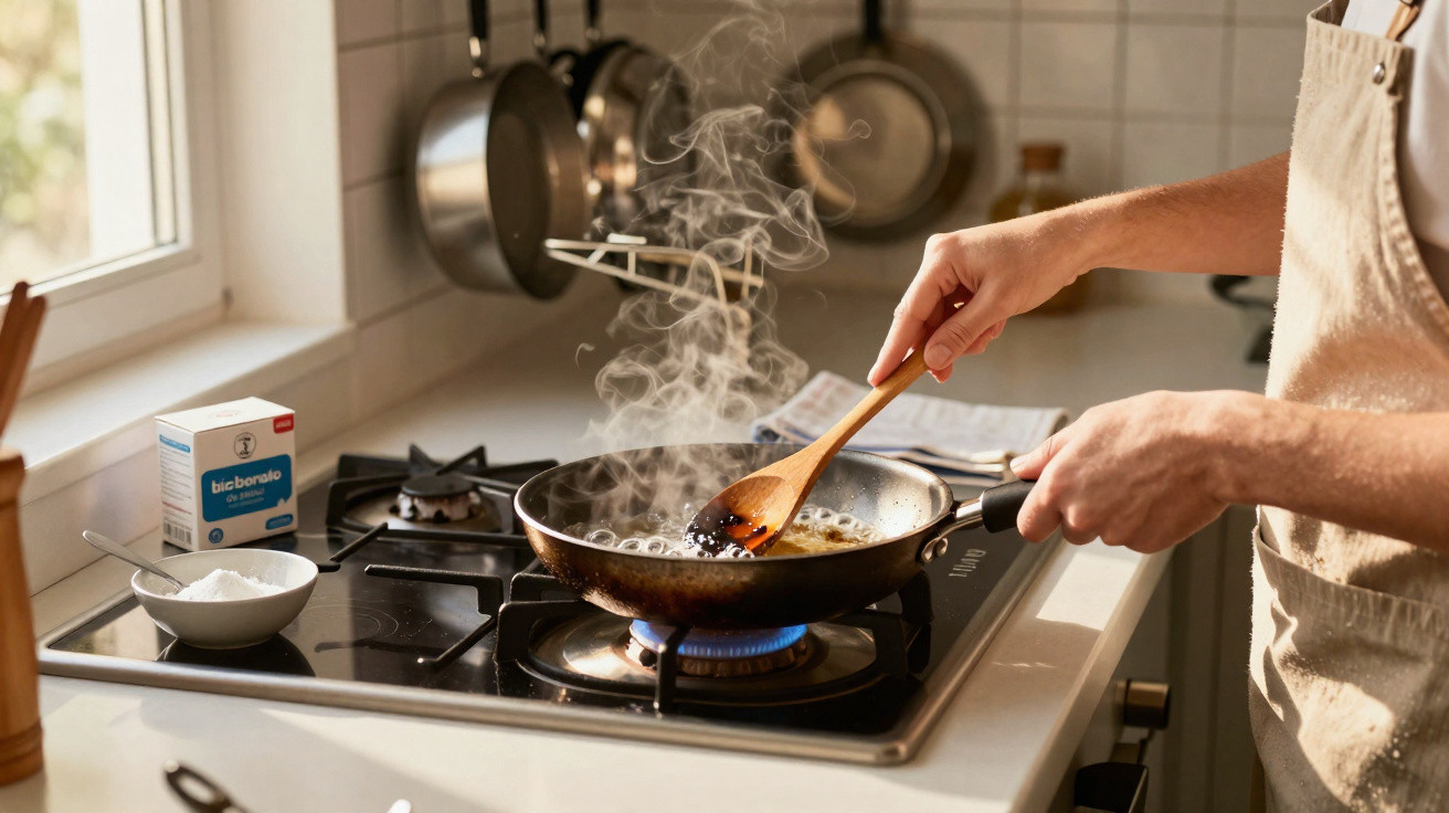 Mãos a cozinhar numa frigideira com fumo, em fogão a gás numa cozinha iluminada pela janela.