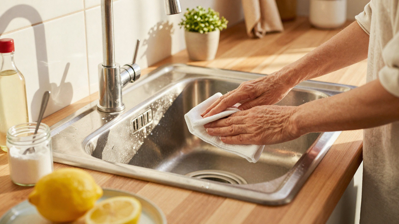 Mãos a limpar uma pia de cozinha em inox com um pano branco, com limão e recipientes na bancada de madeira.