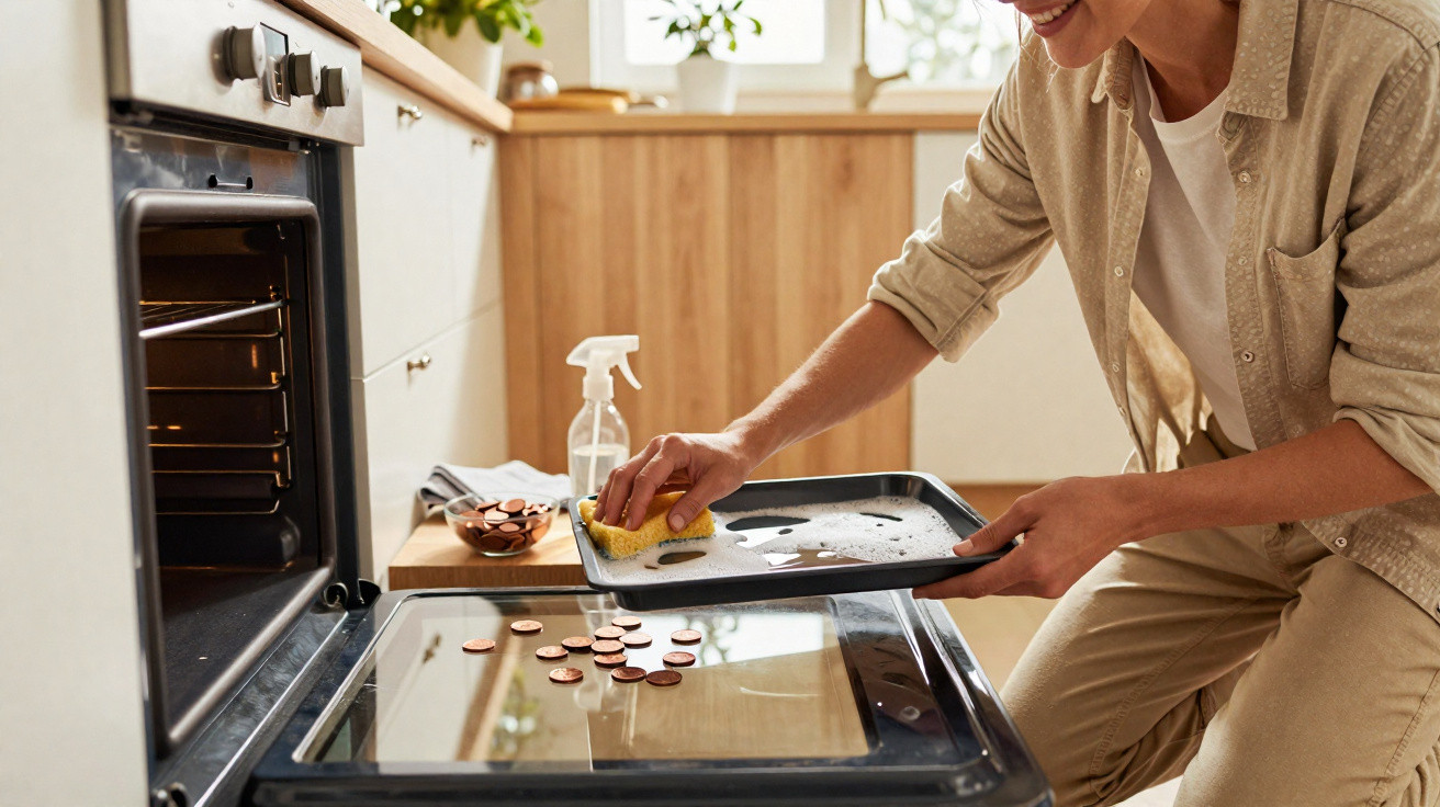 Pessoa a limpar tabuleiro de forno com esponja numa cozinha iluminada e moderna.