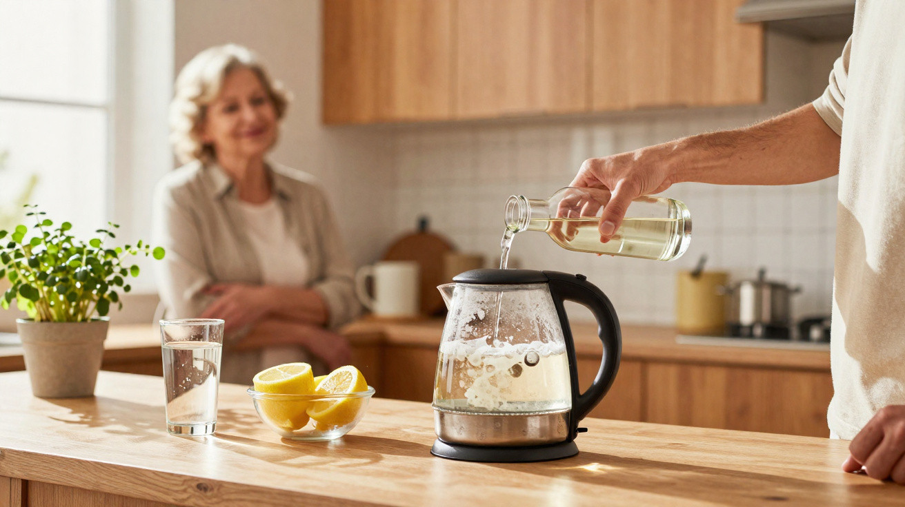 Pessoa a colocar líquido numa jarra elétrica de vidro numa cozinha moderna, com mulher sorridente ao fundo.