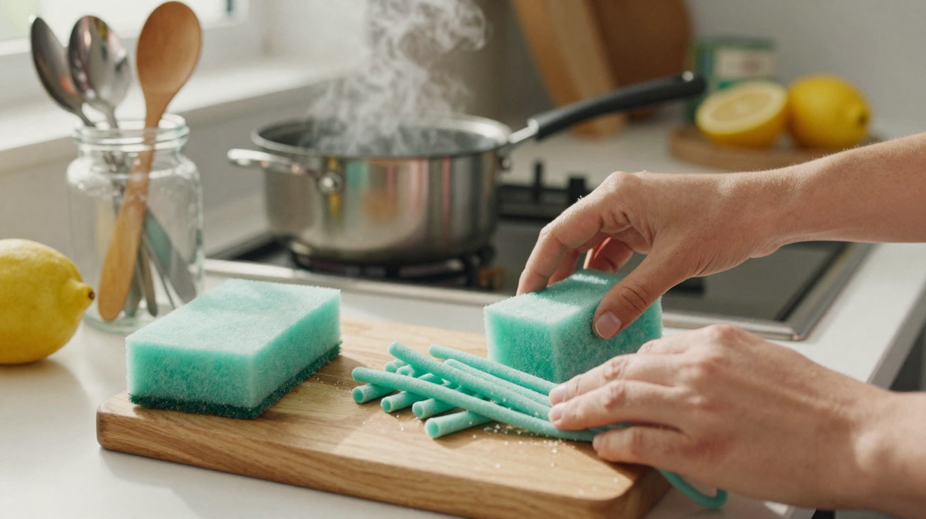 Mãos a cortar esponja azul em pedaços sobre tábua de cozinha com panela a vapor ao fundo.