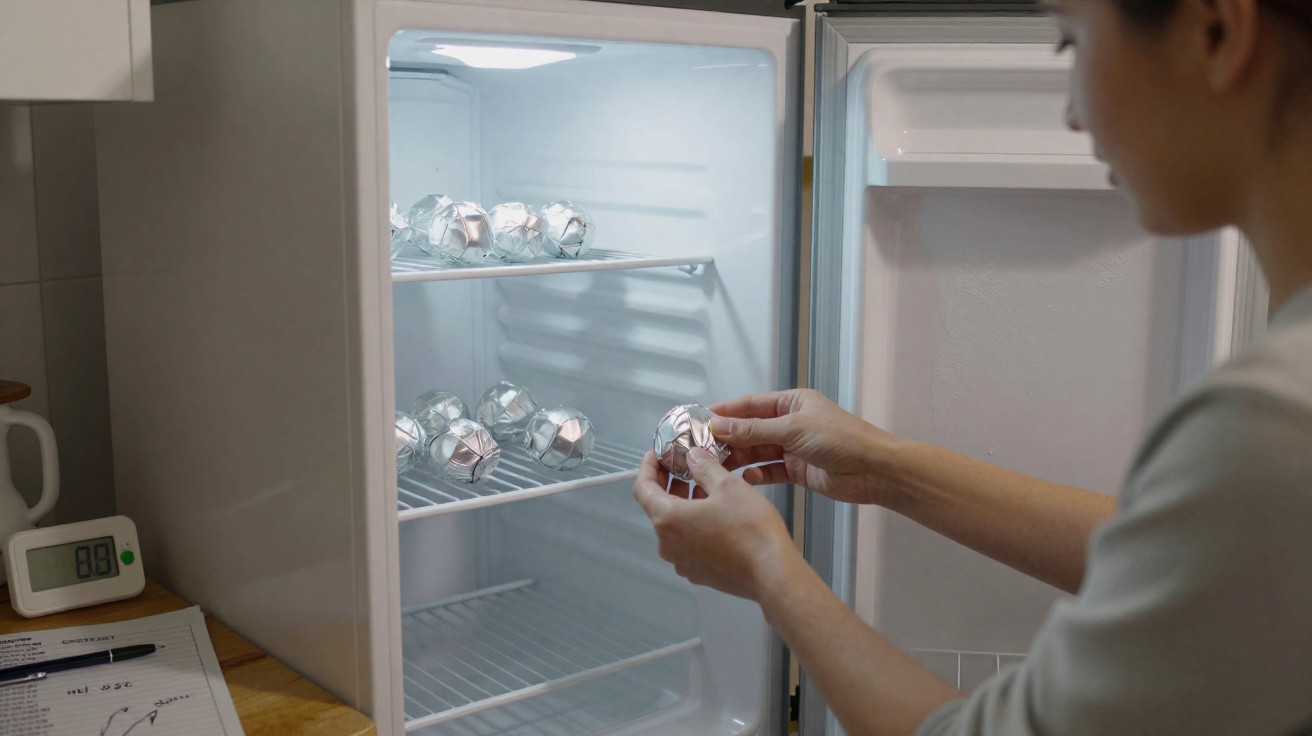Pessoa a guardar objetos embrulhados em papel de alumínio numa pequena caixa de refrigerar branca.