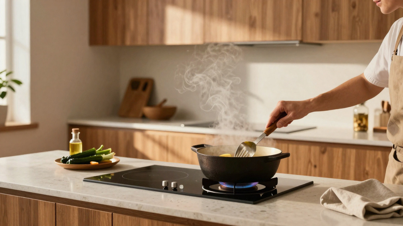 Pessoa a cozinhar batatas numa frigideira a gás numa cozinha moderna com bancadas em mármore.