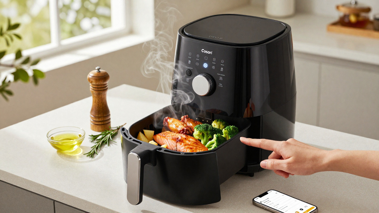 Air fryer preta com refeição a cozinhar, incluindo salmão, brócolos e batatas, na bancada da cozinha.