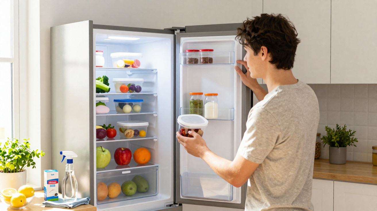 Jovem adulto abre frigorífico moderno cheio de frutas e legumes numa cozinha luminosa e arrumada.