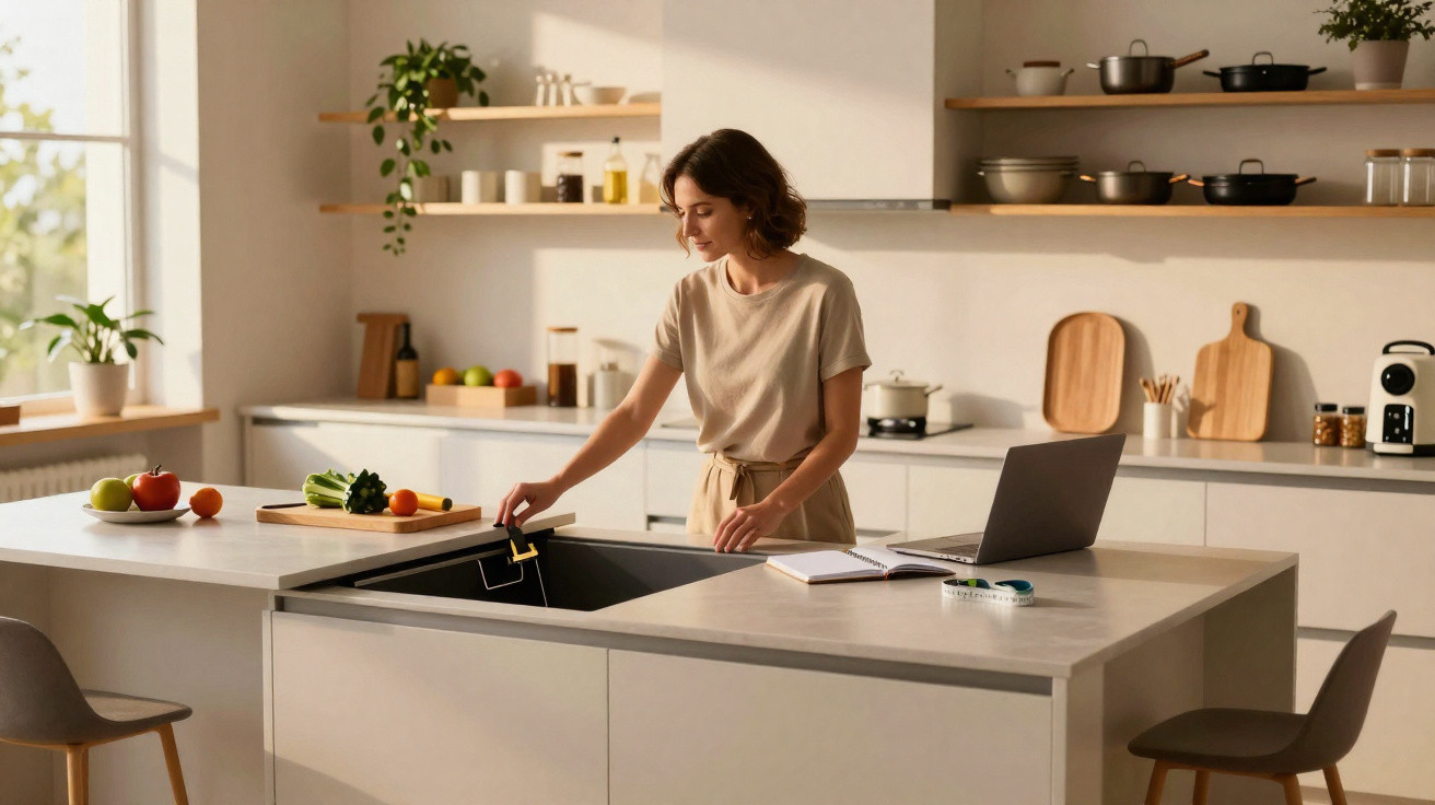 Mulher a preparar legumes numa cozinha moderna clara, com computador portátil e caderno na bancada.