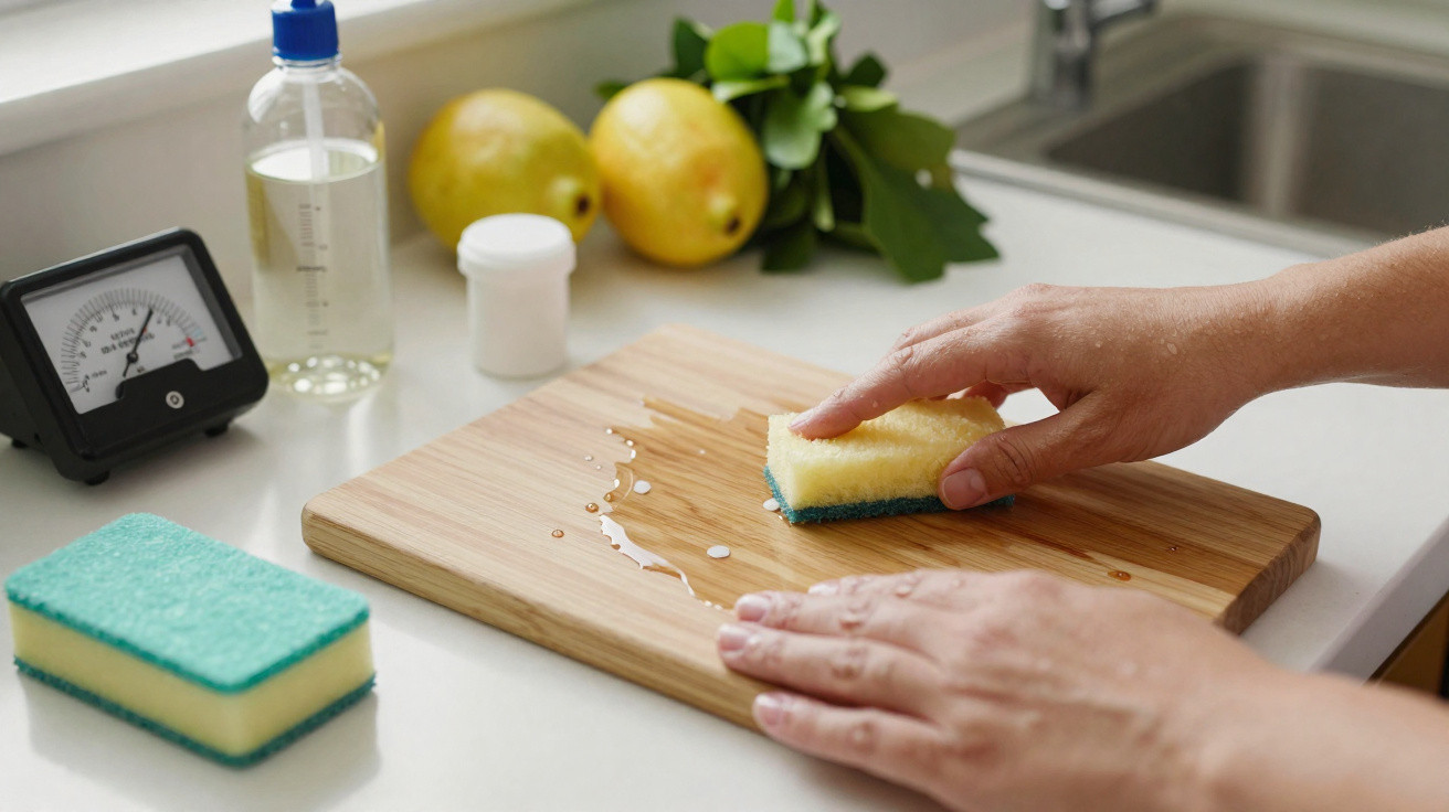 Mãos a limpar tábua de cortar em madeira com esponja húmida, limões e produtos de limpeza na bancada.