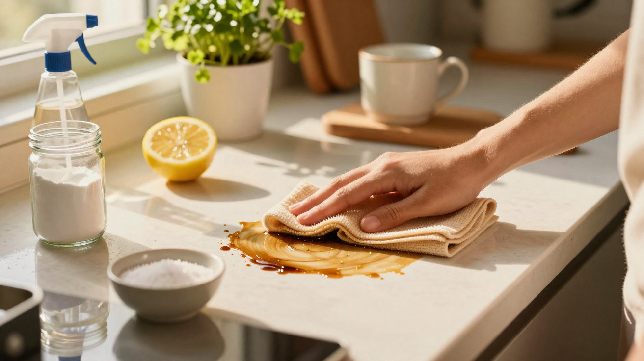 Mão a limpar líquido derramado numa bancada de cozinha branca com pano e ingredientes naturais ao lado.