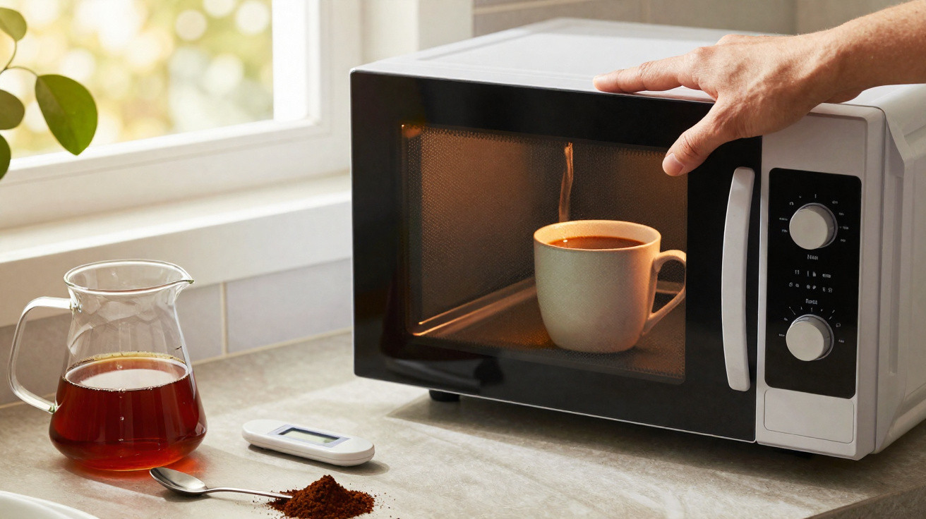 Pessoa a aquecer chá numa chávena dentro de um micro-ondas numa cozinha iluminada por luz natural.