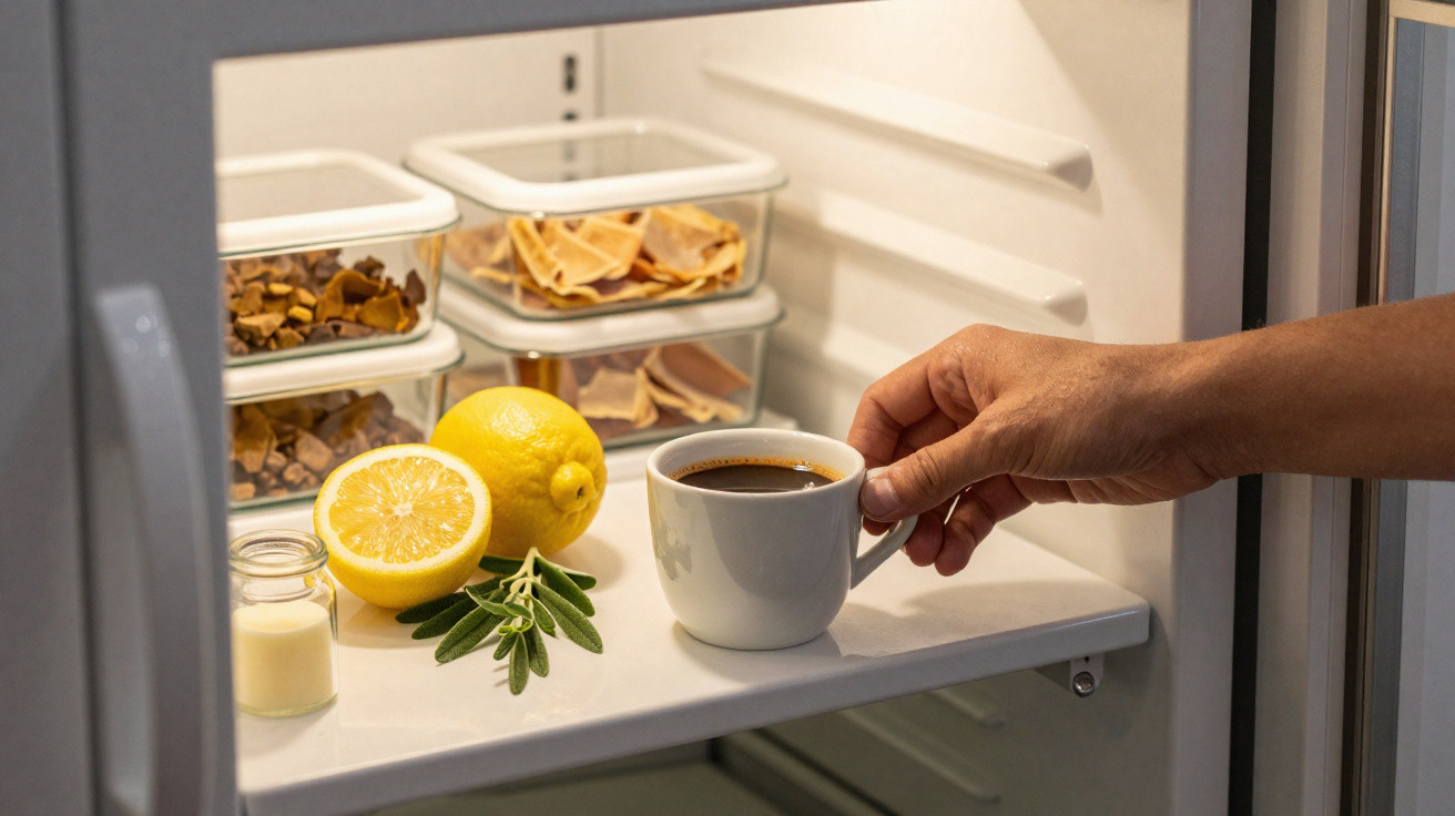 Mão a pegar chávena de café numa prateleira de frigorífico com limão, plantas e frascos de especiarias.