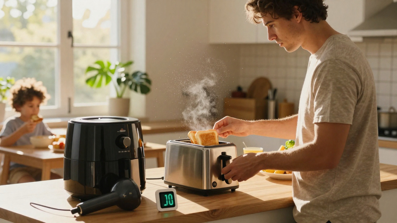 Homem a retirar torrada quente de uma torradeira numa cozinha luminosa, com criança a comer ao fundo.