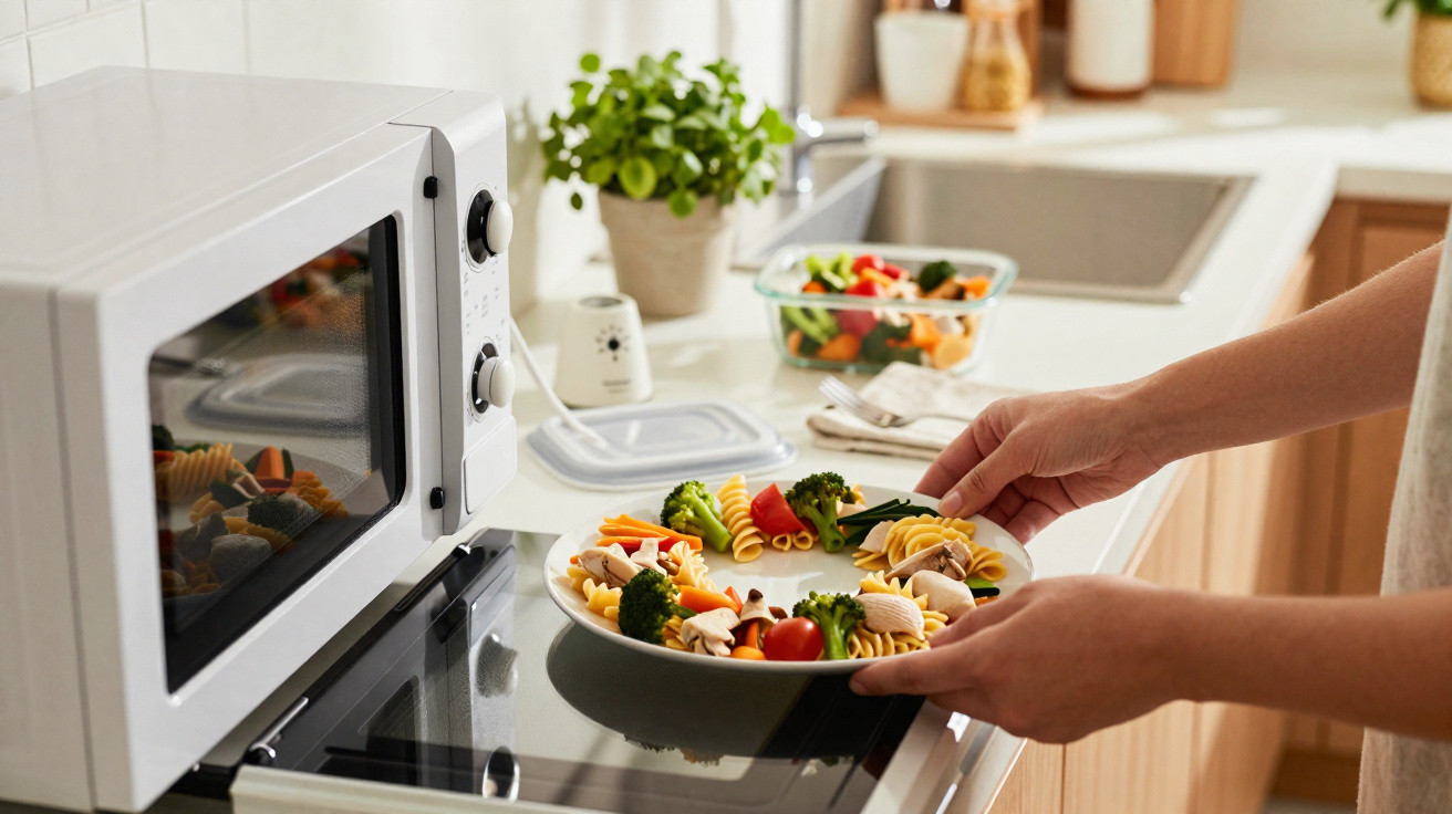Pessoa a colocar prato com salada e massa num micro-ondas numa cozinha luminosa.