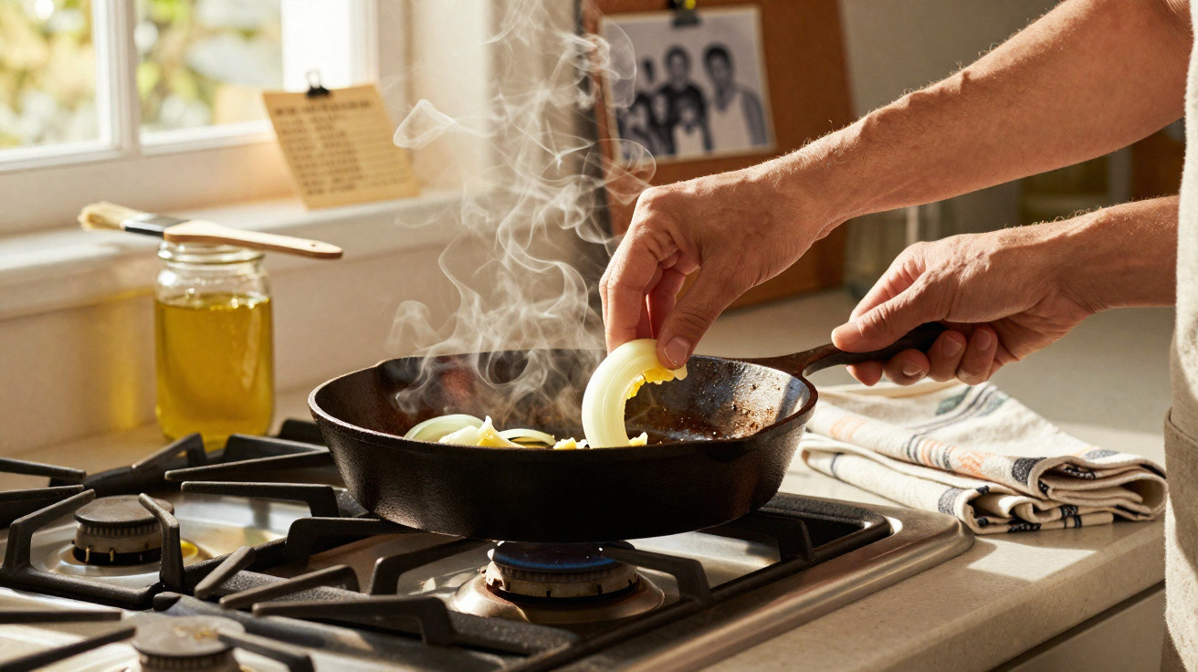 Mãos a cozinhar cebola numa frigideira com vapor num fogão a gás numa cozinha iluminada pela luz natural.