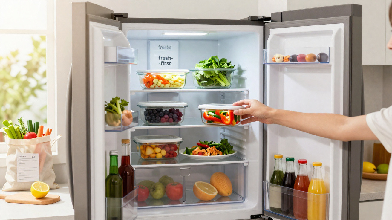 Frigorífico aberto com legumes frescos, frutas e bebidas organizadas em recipientes transparentes.