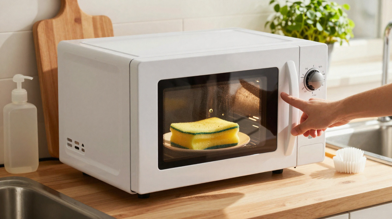 Mão ajusta micro-ondas branco na cozinha com esponja amarela e verde dentro a ser aquecida.