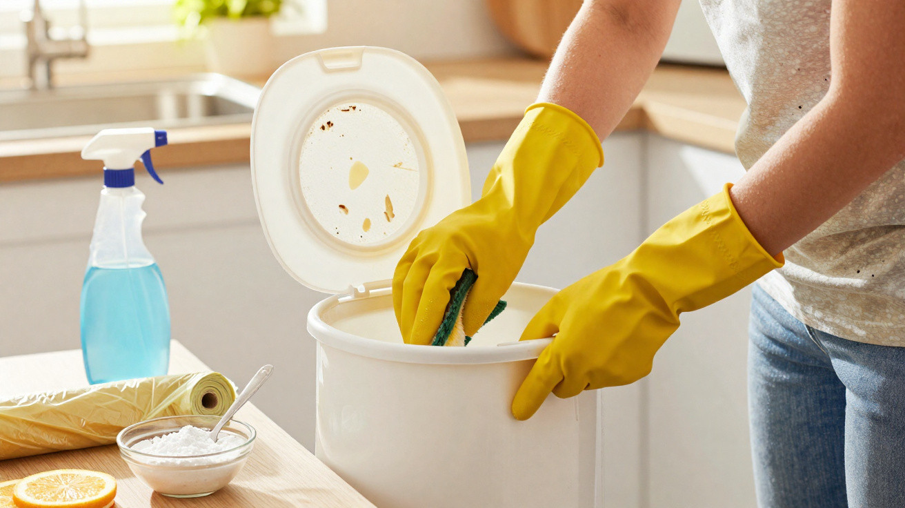 Pessoa com luvas amarelas a limpar um balde de lixo branco na cozinha com spray e bicarbonato na bancada.