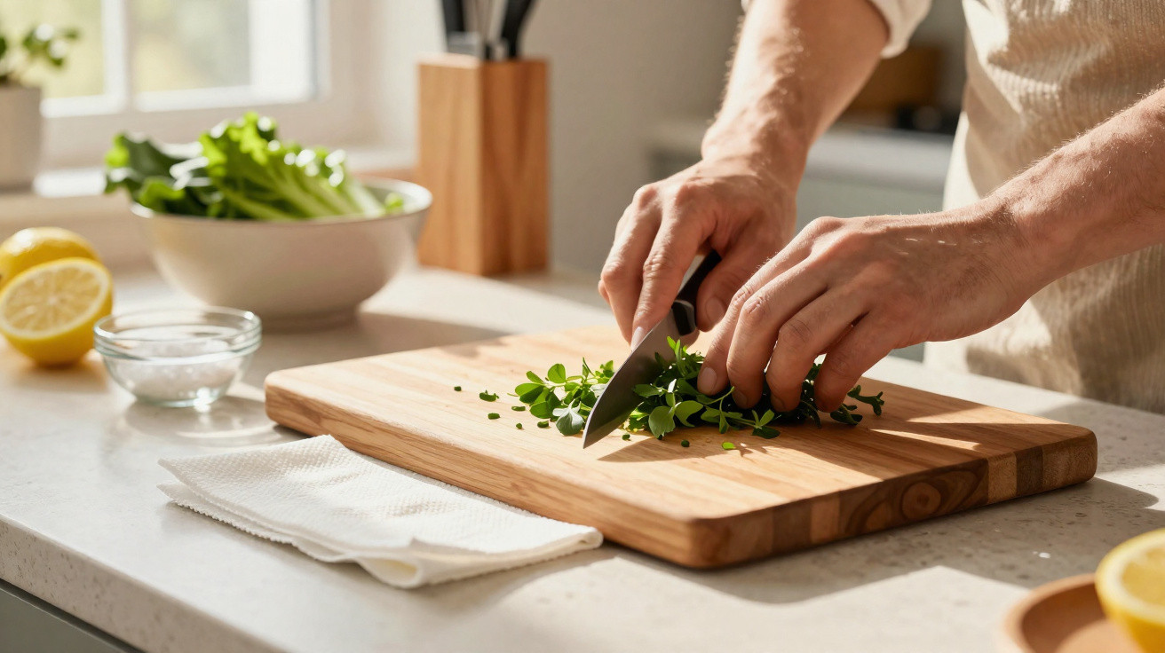 Pessoa a cortar ervas frescas numa tábua de madeira numa cozinha iluminada com utensílios ao fundo.