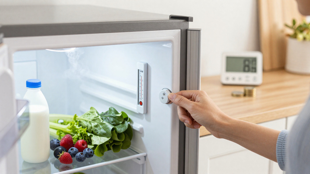 Mão a ajustar termostato de frigorífico aberto com legumes, frutas e leite numa cozinha moderna.