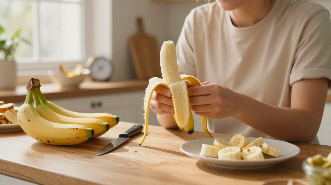 Pessoa a descascar e cortar banana numa cozinha luminosa, com faca e bananas sobre a mesa de madeira.