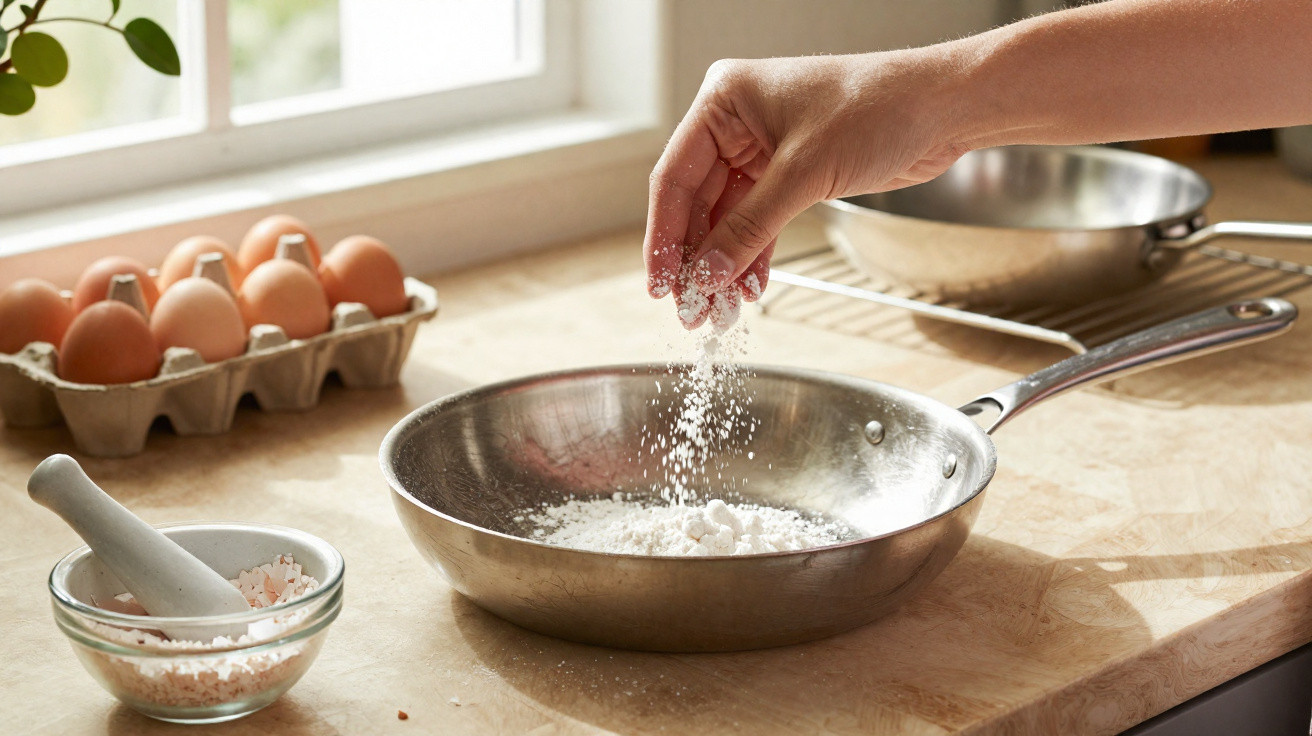 Mão a polvilhar farinha numa frigideira metálica numa cozinha luminosa, com ovos e saleiro ao fundo.