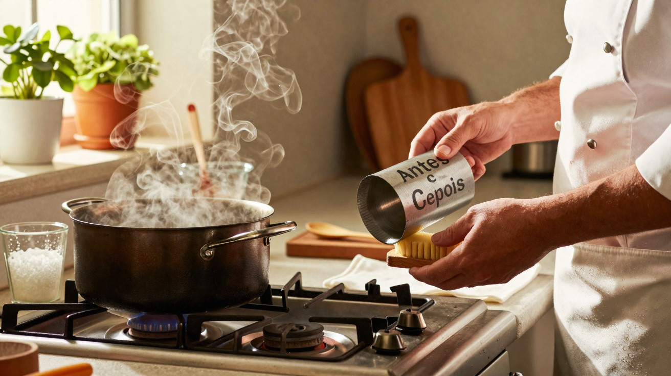 Pessoa a preparar comida ao lado de um fogão com panela a ferver e vidro com sal na bancada.