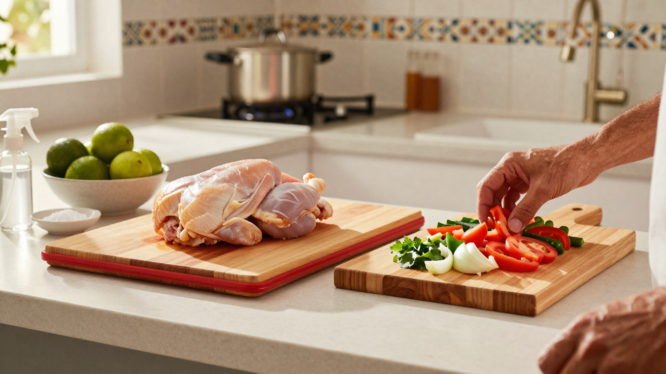 Frango cru e legumes fatiados numa bancada de cozinha com mão a organizar tomate e pimento.