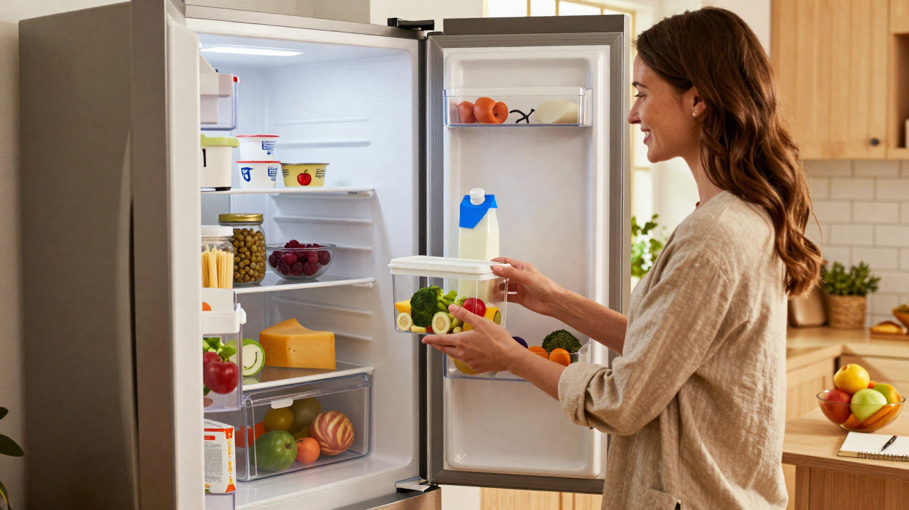Mulher a colocar recipiente com legumes no frigorífico aberto numa cozinha moderna.