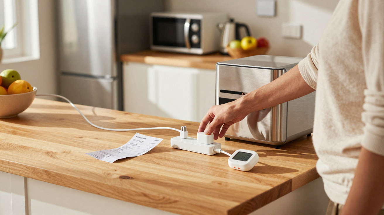 Pessoa a ligar um adaptador numa régua elétrica numa cozinha moderna com eletrodomésticos.