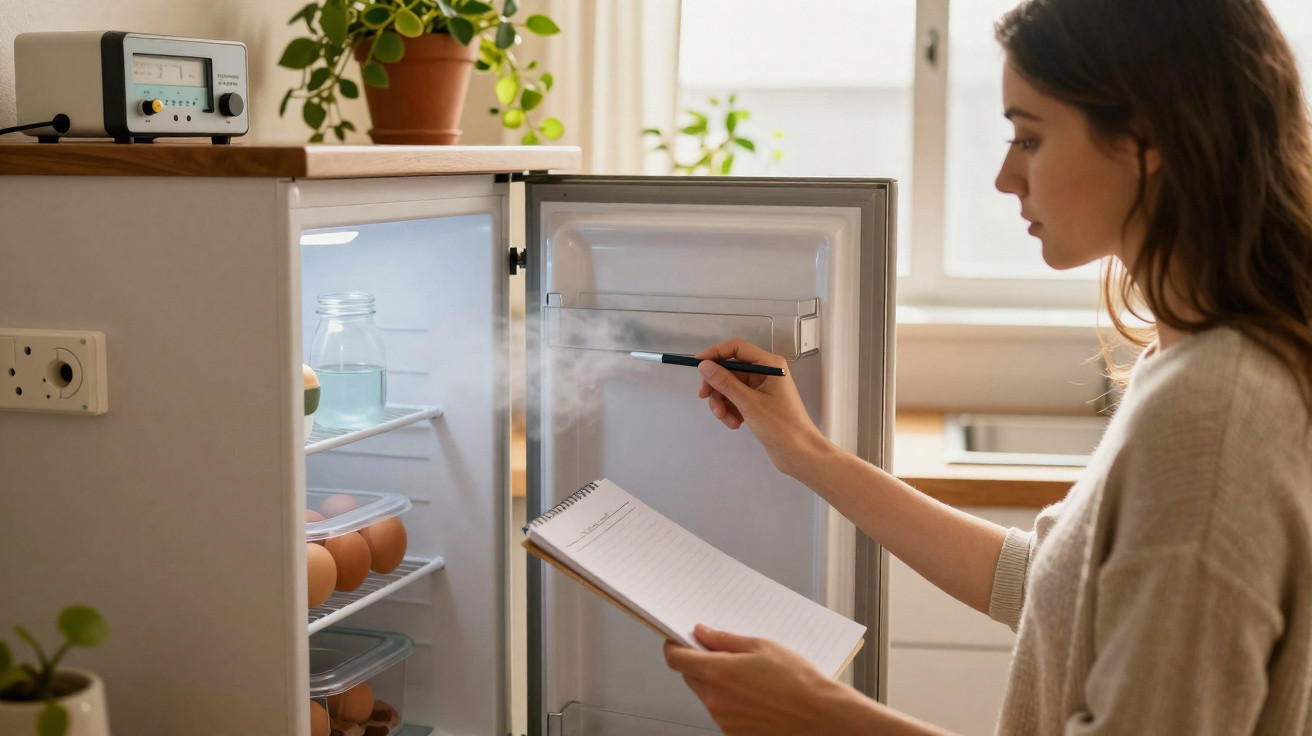 Mulher a inspecionar e anotar dados na condensação dentro de um frigorífico aberto numa cozinha.